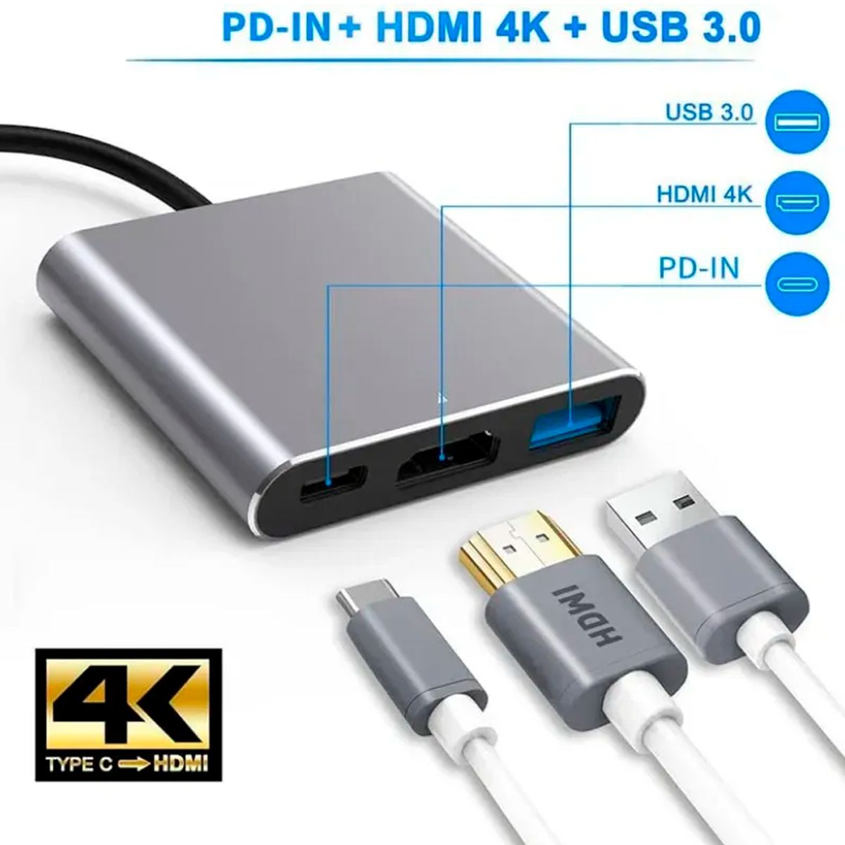 GENERICO - Hub Usb C 3 En 1 Hdmi 4k Usb 3.0 Carga Tipo C Para Mac