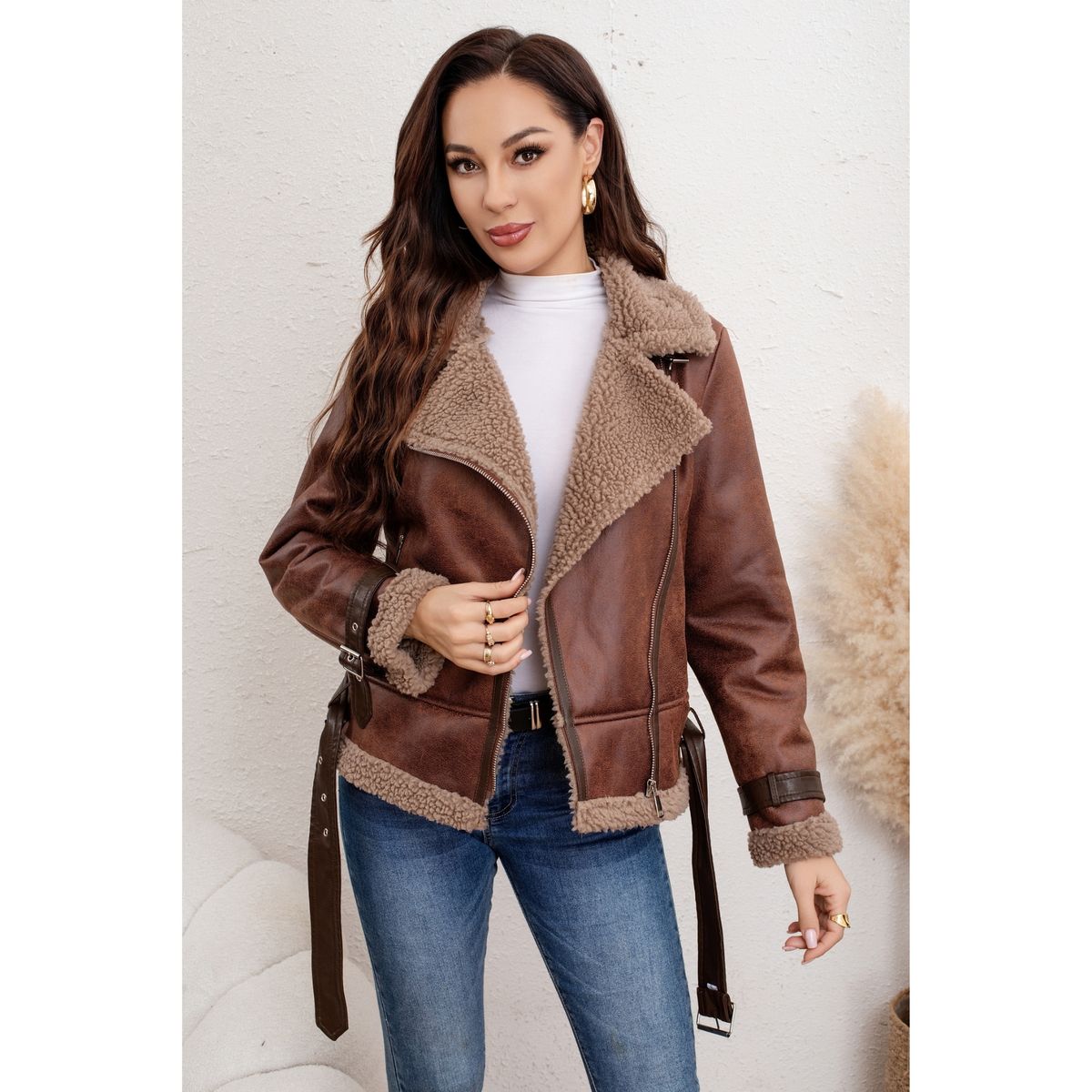 LIKE SHOP - Chaqueta Piloto Mujer Forro Interior Chiporro Cierre Cinturón 5008