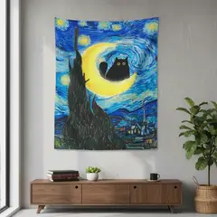GENERICO - Tapiz Decorativo Mural Gato Noche Estrellada Van Gogh 95x73 cm
