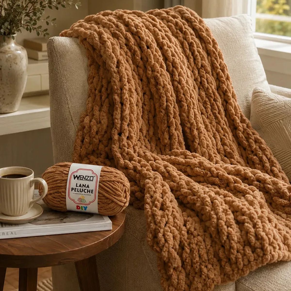 GENERICO - Lana Peluche Chenille Wenzo 90g Café Para Tejer Diy