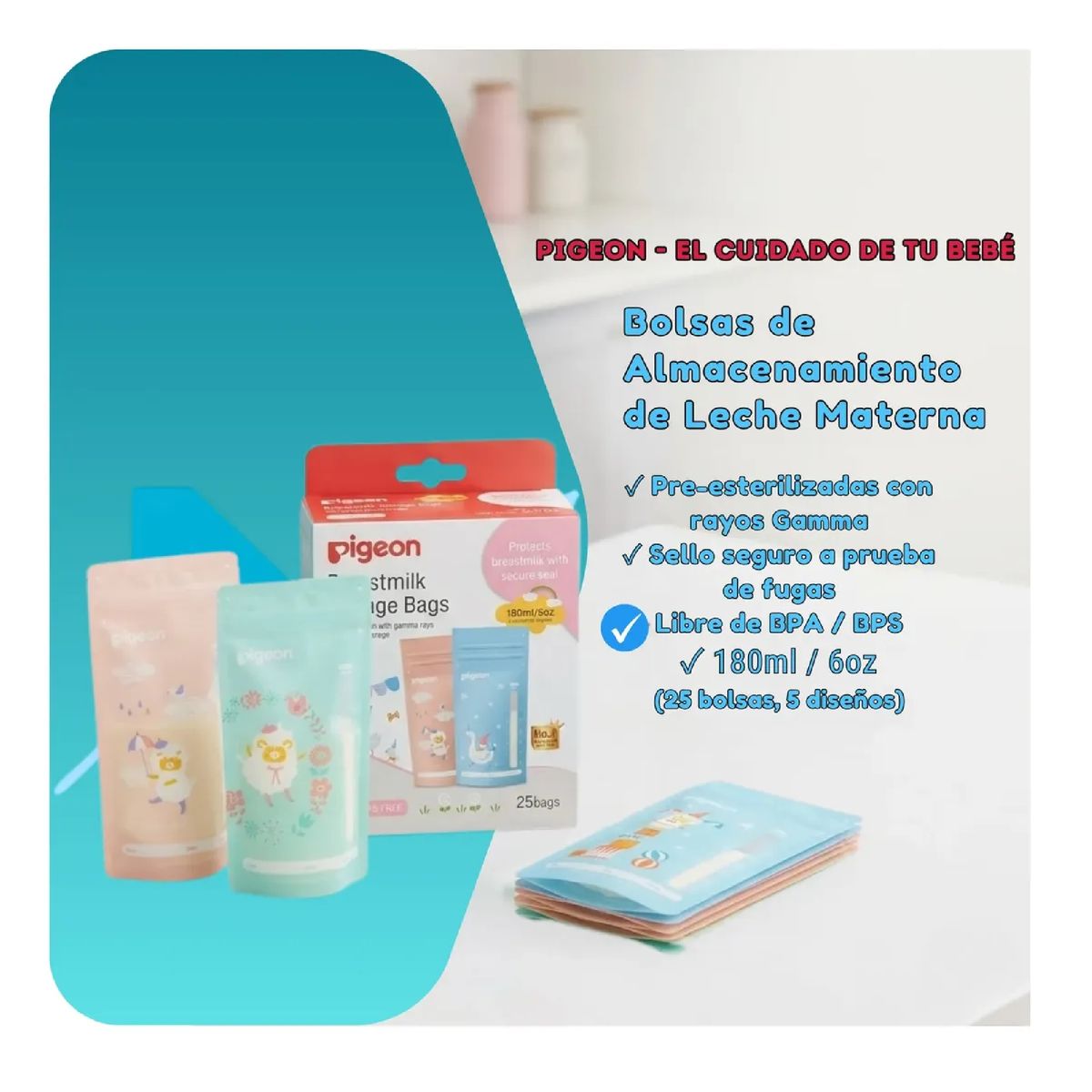 PIGEON - Bolsas Almacenar Leche Materna Pigeon 180ml X25 Libre De Bpa