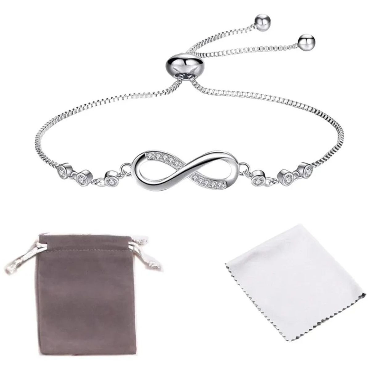 GENERICO - Pulsera diseño de Infinito Ajustable baño en Plata Ley S925 + Bolsa Y Paño
