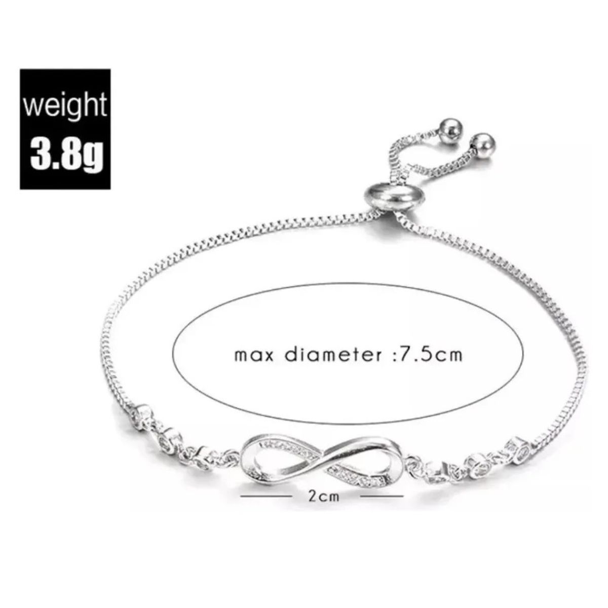 GENERICO - Pulsera diseño de Infinito Ajustable baño en Plata Ley S925 + Bolsa Y Paño