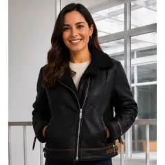 GENERAL - Chaqueta Mujer Ecocuero Aviadora Café con Chiporro Crema y Cierre Asimétrico