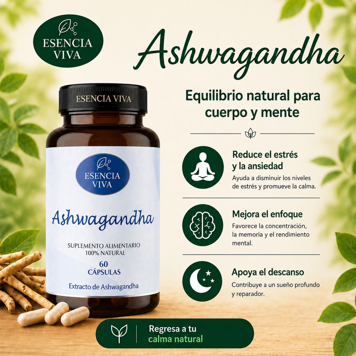 GENERICO - Pack x2 ashwagandha 500mg 120 Cápsulas Esencia Viva