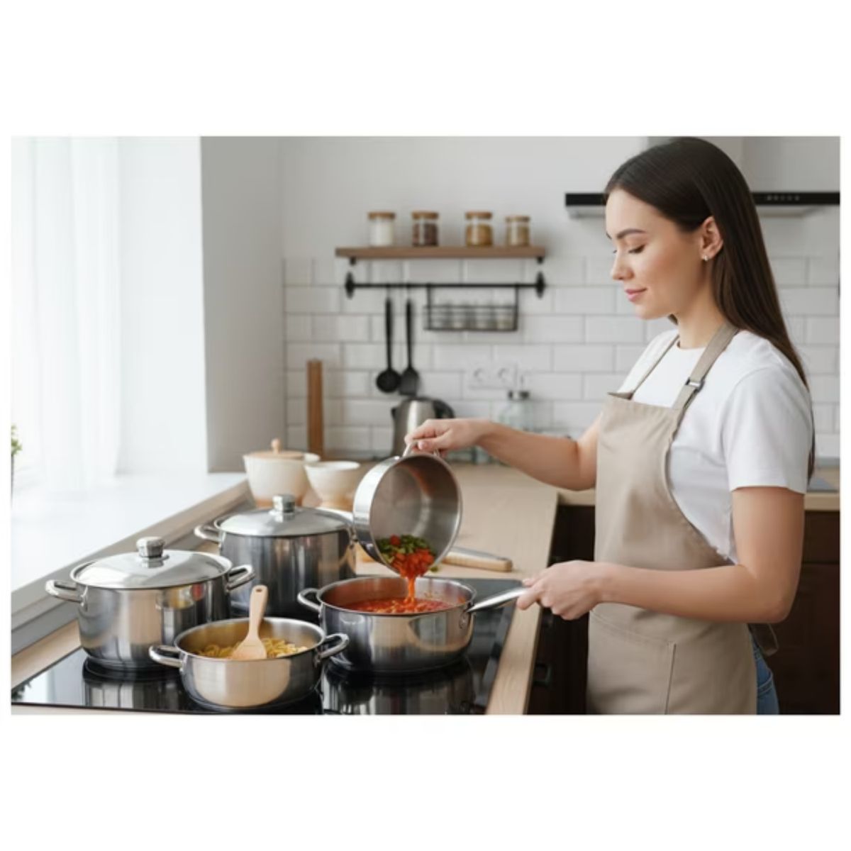 GENERICO - Set De 6 Ollas Aluminio Pulido Con Tapas Batería De Cocina Completa