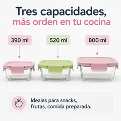 GENERICO - Set 3 envases de vidrio herméticos con tapa, 390/520/800ml para nevera y microondas