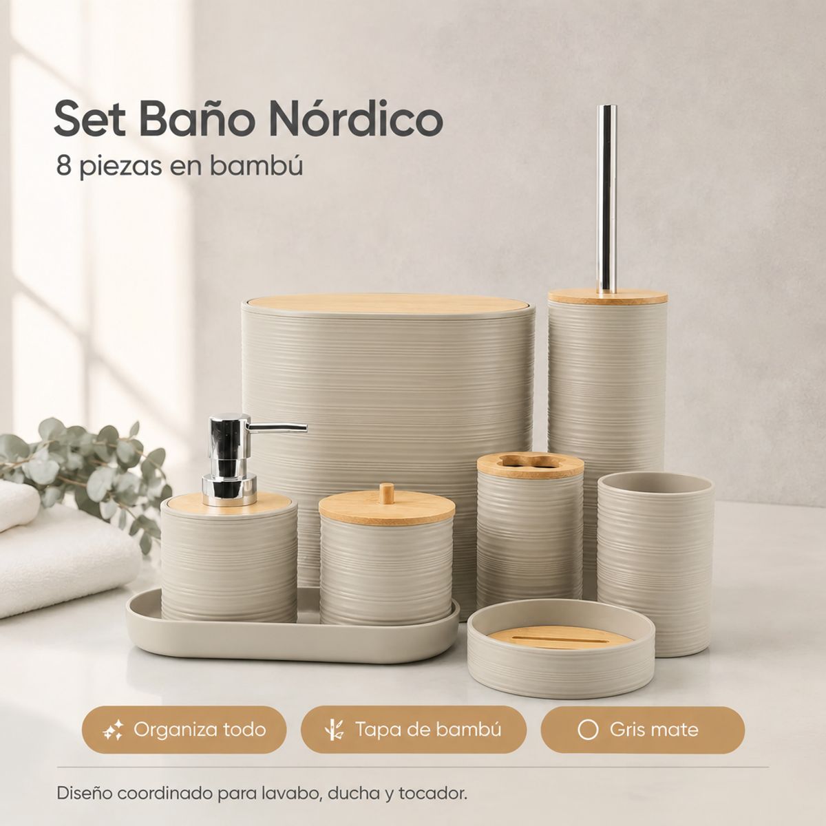 Set Juego De Baño 8 Piezas Bambú Lavado Y Almacenamiento, marca UMEXUS - Foto Principal