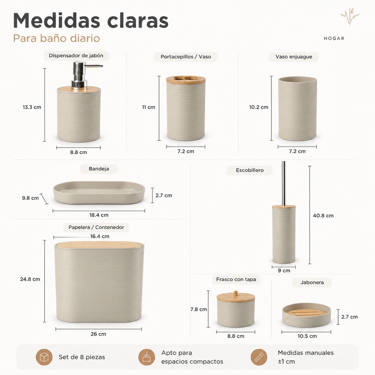 Set Juego De Baño 8 Piezas Bambú Lavado Y Almacenamiento, marca UMEXUS - Foto 2