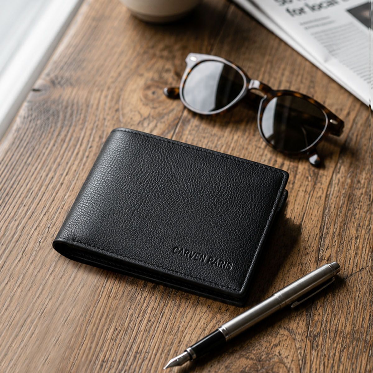 CARVEN - Billetera hombre Bruno negra con monedero Carven Paris
