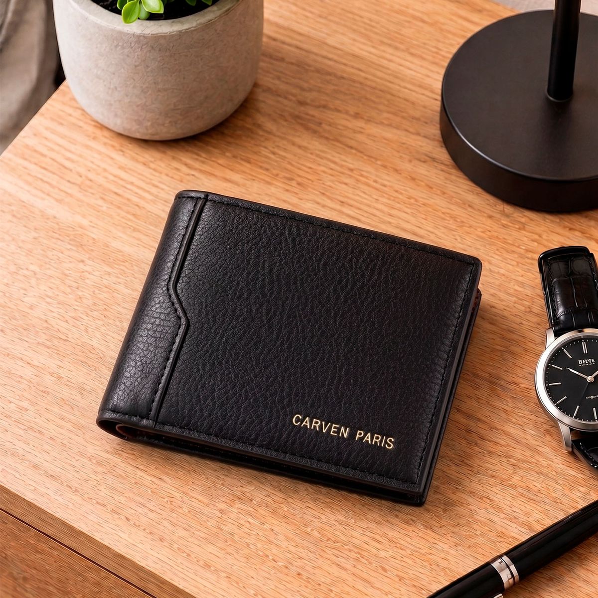 CARVEN - Billetera hombre Dante negra con monedero Carven Paris