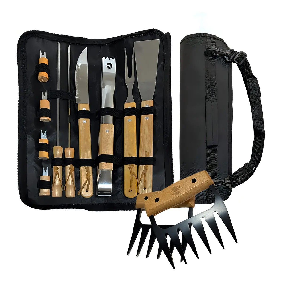 GENERICO - Pack Set Asado Parrilla 10 Uds + 2 Garras De Oso Inox BELUG