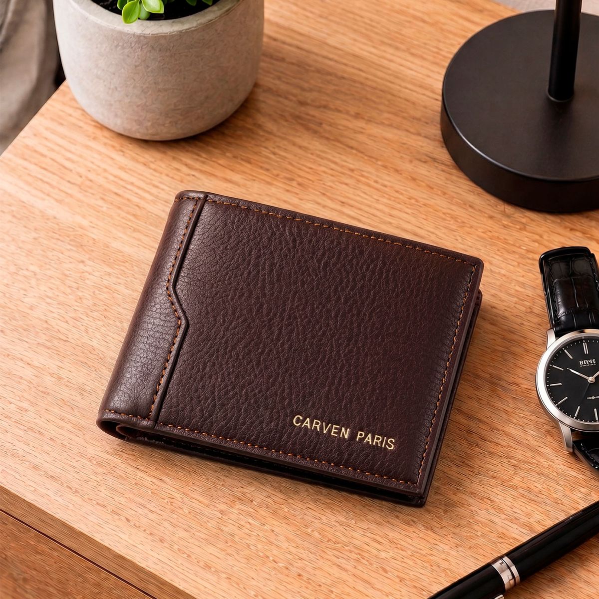 CARVEN - Billetera hombre Dante café con monedero Carven Paris