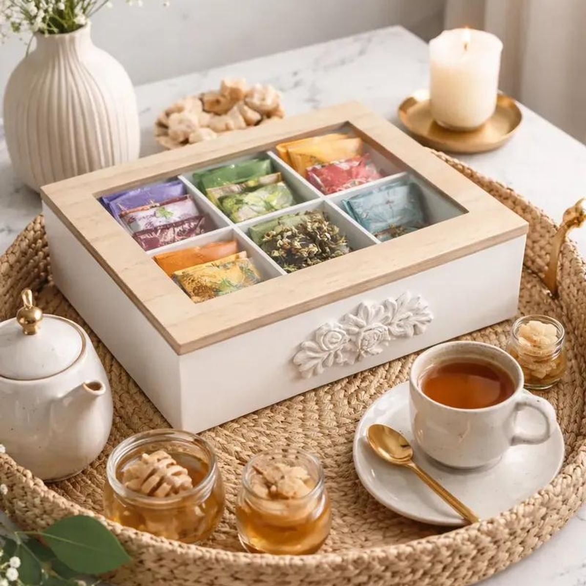 GENERICO - Caja Organizadora para Té 6 Compartimentos con Tapa de Ví