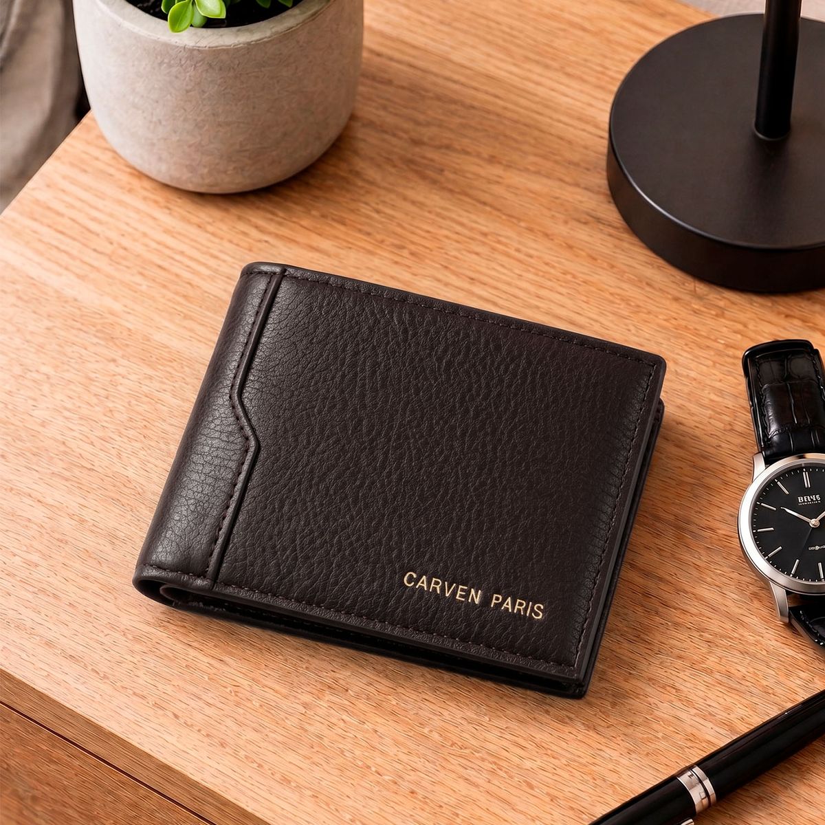 CARVEN - Billetera hombre Dante café con monedero oscuro Carven Paris