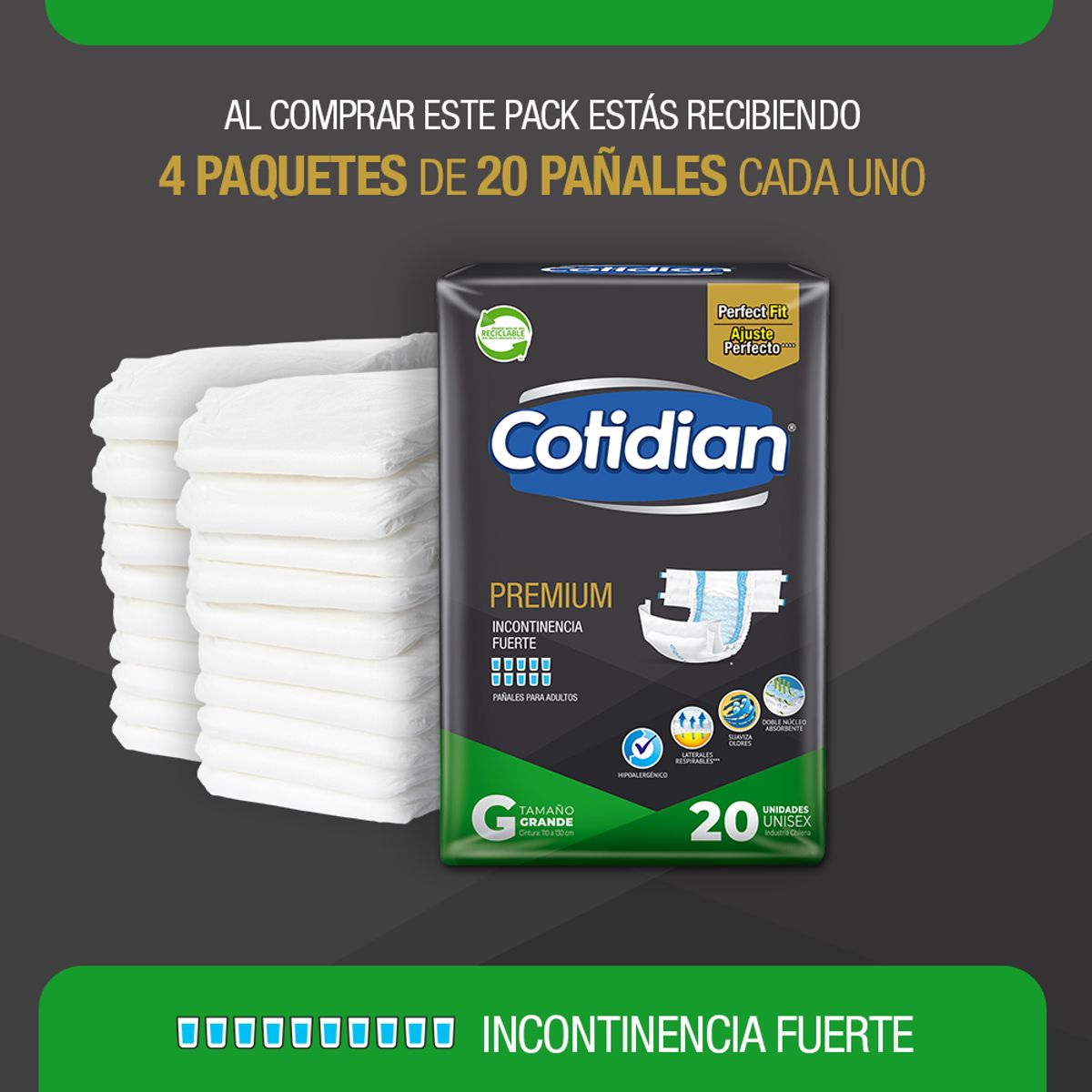 COTIDIAN - Pack 4 Pañales Adulto Cotidian Premium 20 Un Talla G