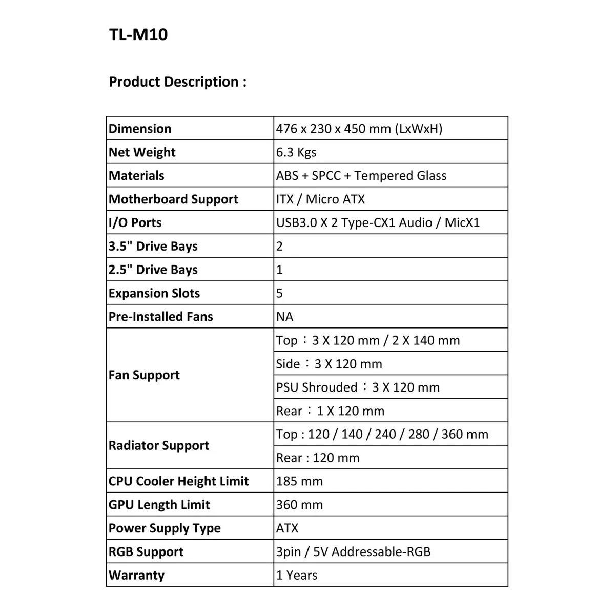 GENERICO - Gabinete Thermalright TL-M10 Negro M-ATX
