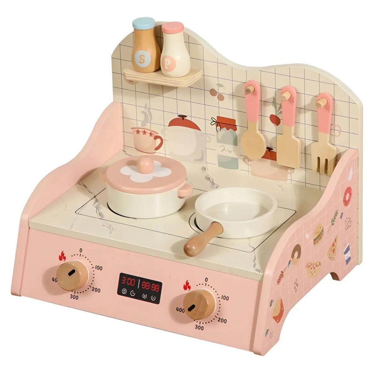 GENERICO - Mini cocina de juguete portátil de madera con accesorios