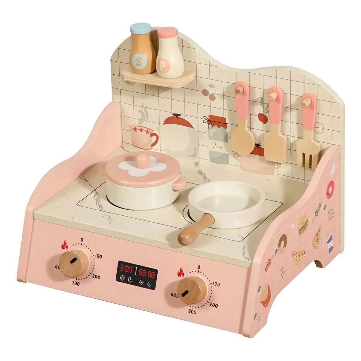 GENERICO - Mini cocina de juguete portátil de madera con accesorios