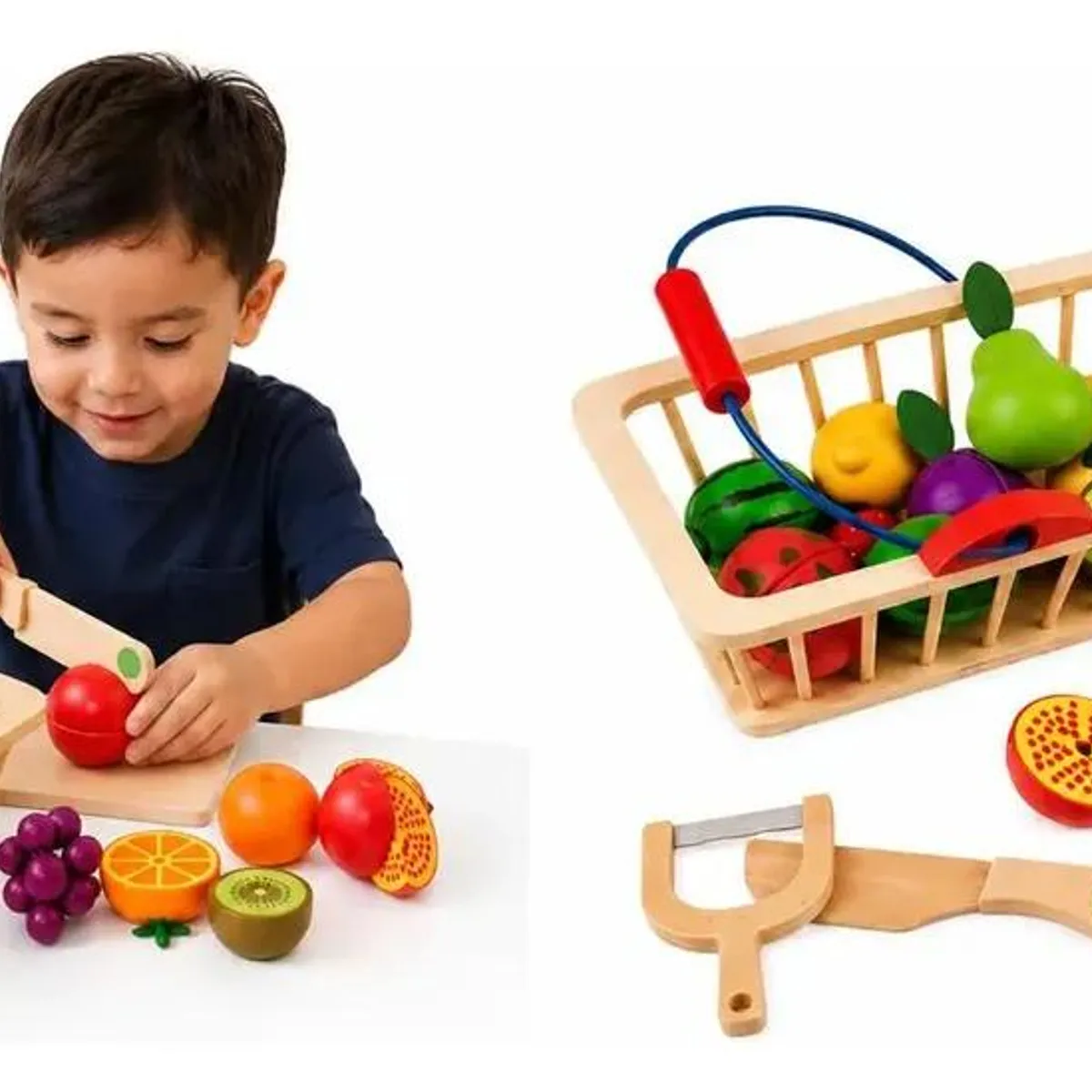 GENERICO - Set de frutas de madera para cortar con canasta y cuchilo