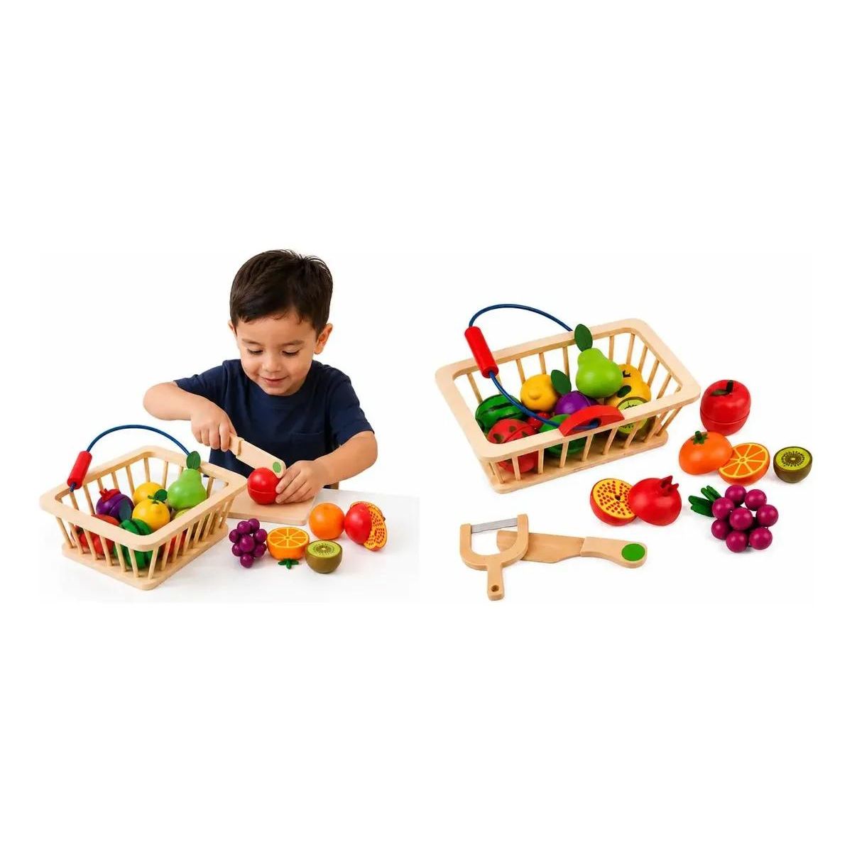 GENERICO - Set de frutas de madera para cortar con canasta y cuchilo