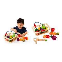 GENERICO - Set de frutas de madera para cortar con canasta y cuchilo