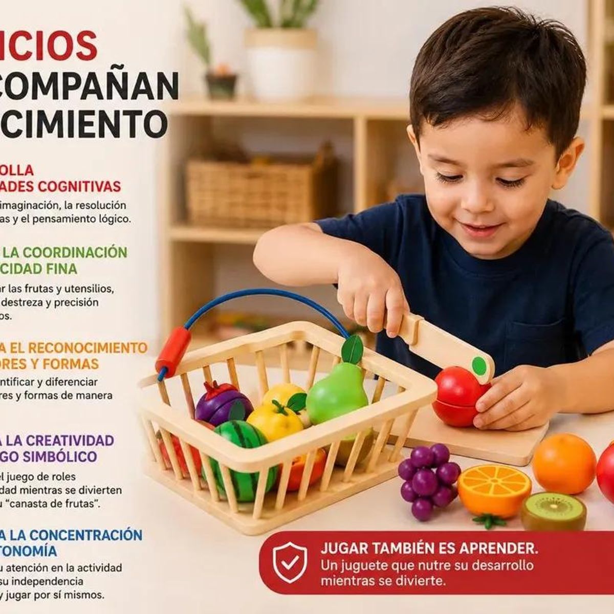 GENERICO - Set de frutas de madera para cortar con canasta y cuchilo