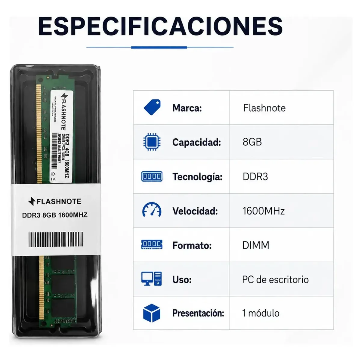 FLASHNOTE - Memoria Ram Flashnote 8gb Ddr3 1600mhz Dimm Para Pc De Escritorio
