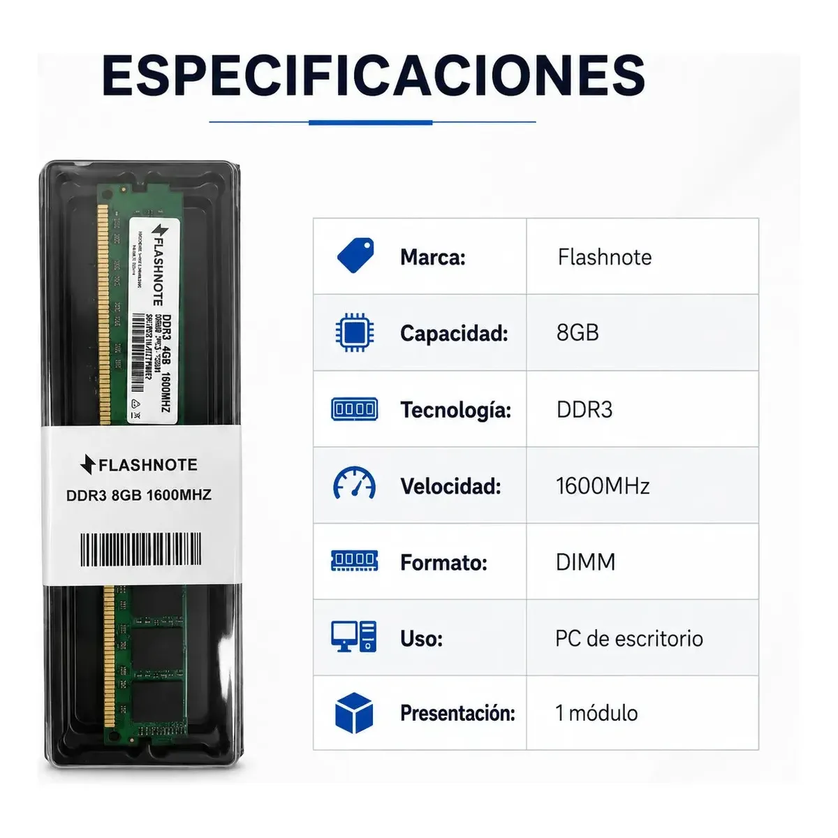 FLASHNOTE - Memoria Ram Flashnote 8gb Ddr3 1600mhz Dimm Para Pc De Escritorio