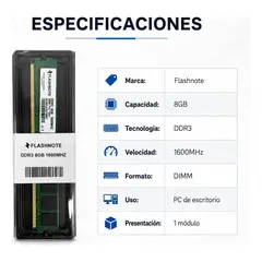 FLASHNOTE - Memoria Ram 8gb Ddr3 1600mhz Dimm Para Pc De Escritorio