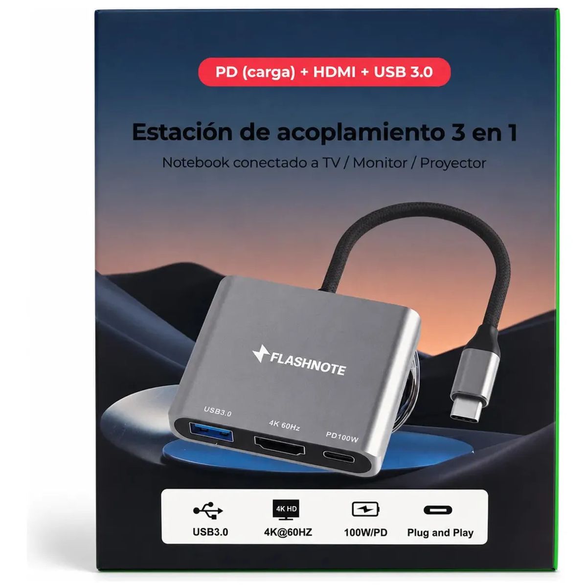 FLASHNOTE - Hub Adaptador Flashnote Usb Tipo C Usb-c 3 En 1 Multipuerto Hdmi 4k 60hz Usb 3.0 Pd 100w Carga Rapid