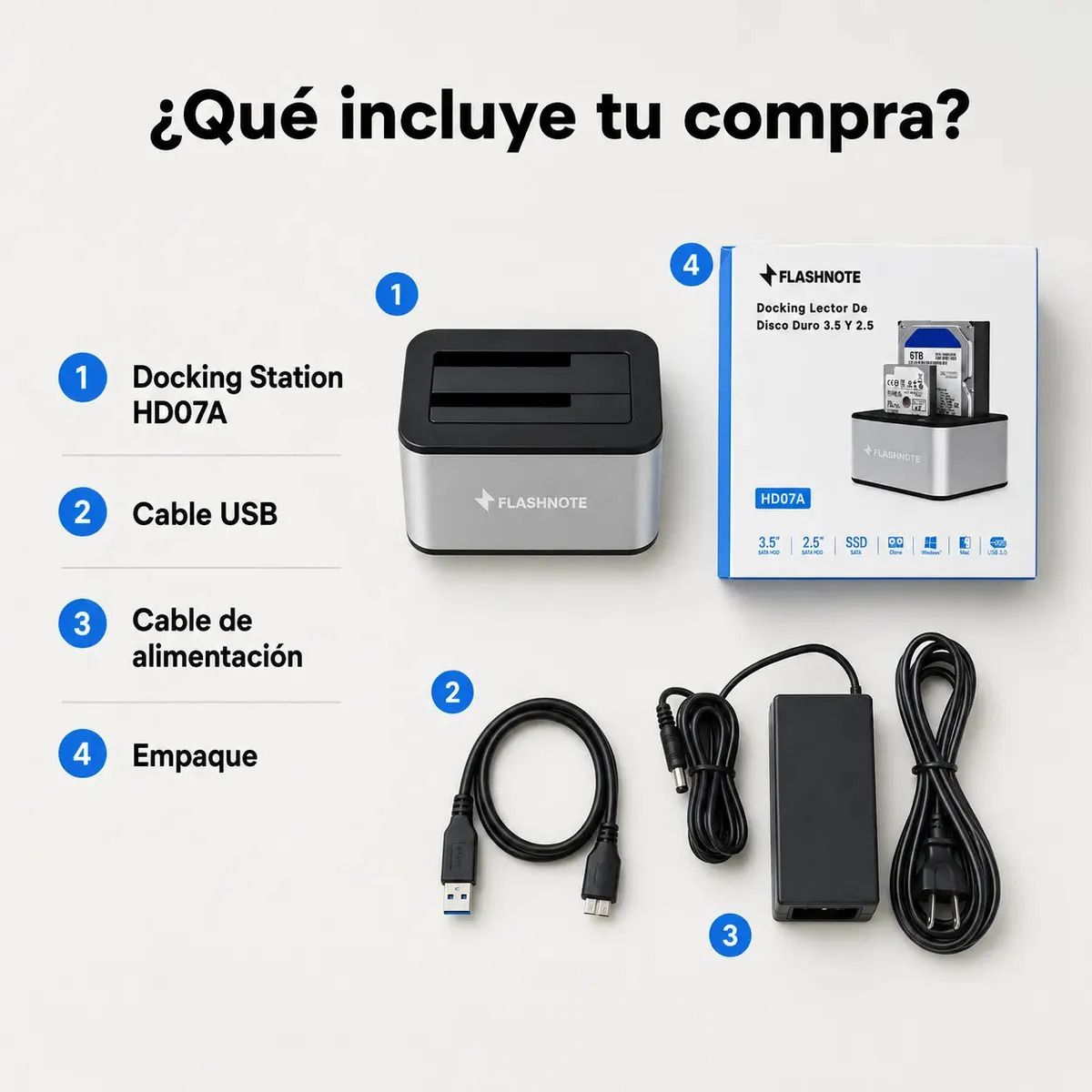 FLASHNOTE - Docking Station Flashnote Dock Base Disco Duro 2.5 3.5 Pulgadas Sata Usb 3.0 Dual Doble Bahia Slots