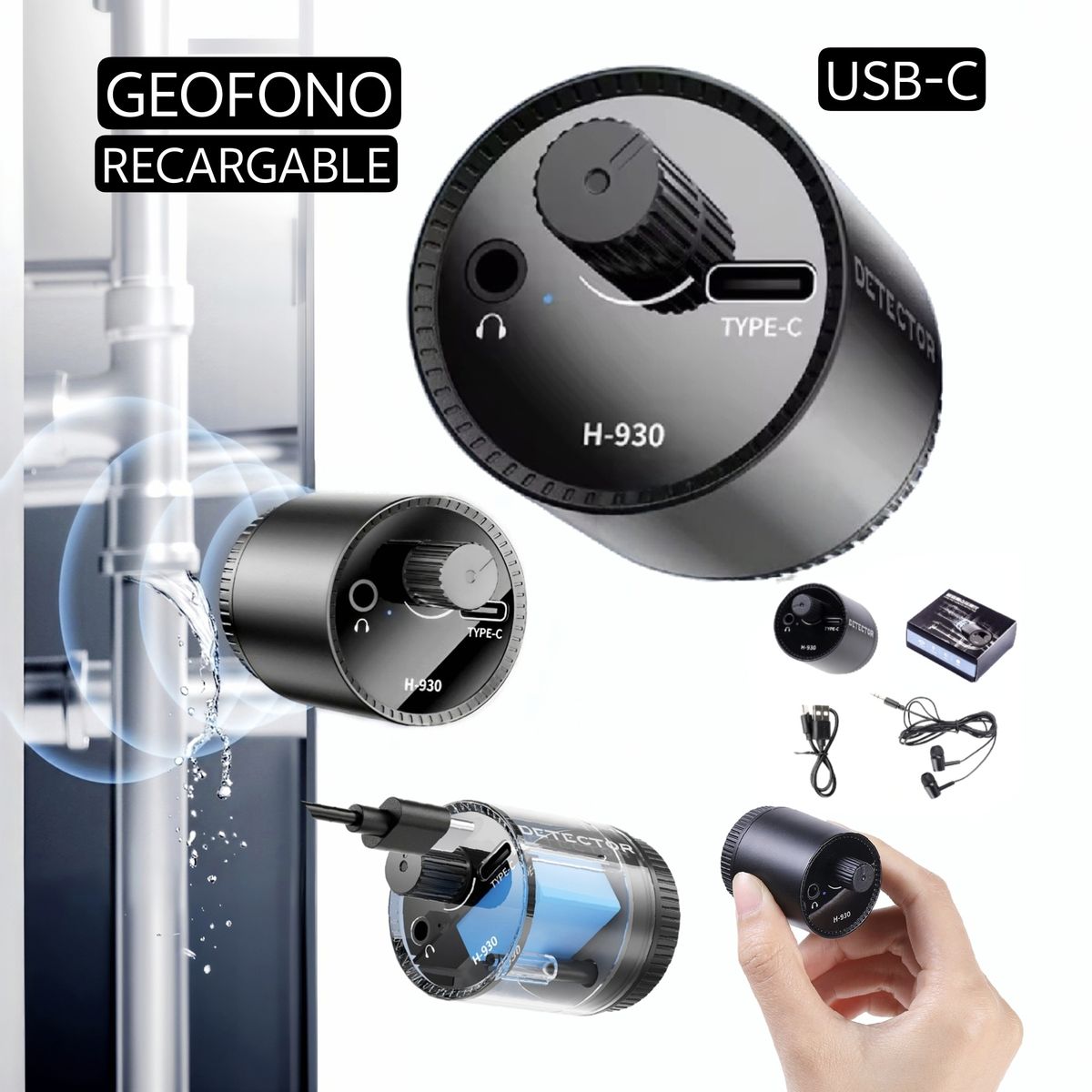 GENERICO - Detector de fugas de agua. Recargable. Alta sensibilidad. Geofono. Buscador de fugas