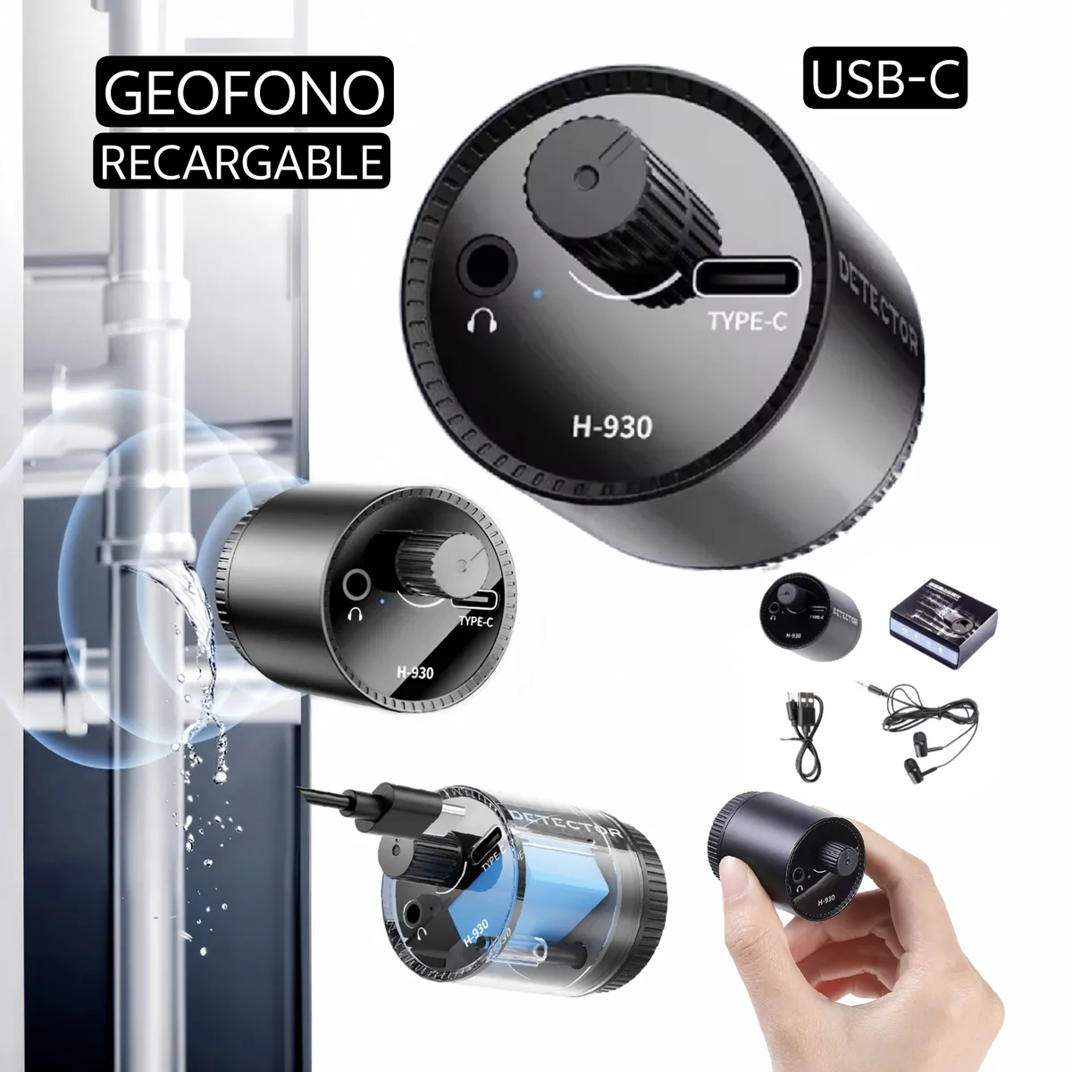 GENERICO - Detector de fugas de agua. Recargable. Alta sensibilidad. Geofono. Buscador de fugas