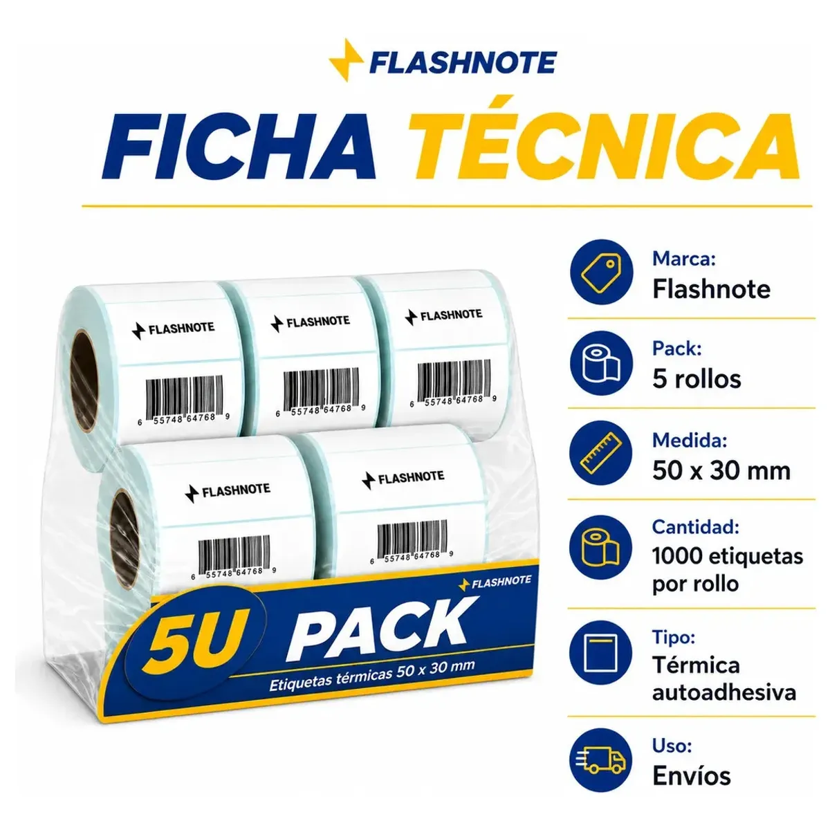 FLASHNOTE - Etiquetas Térmicas Autoadhesivas Rollo 50x30mm Flashnote Pack X5 1000 Etiquetas Por Rollo Superficie