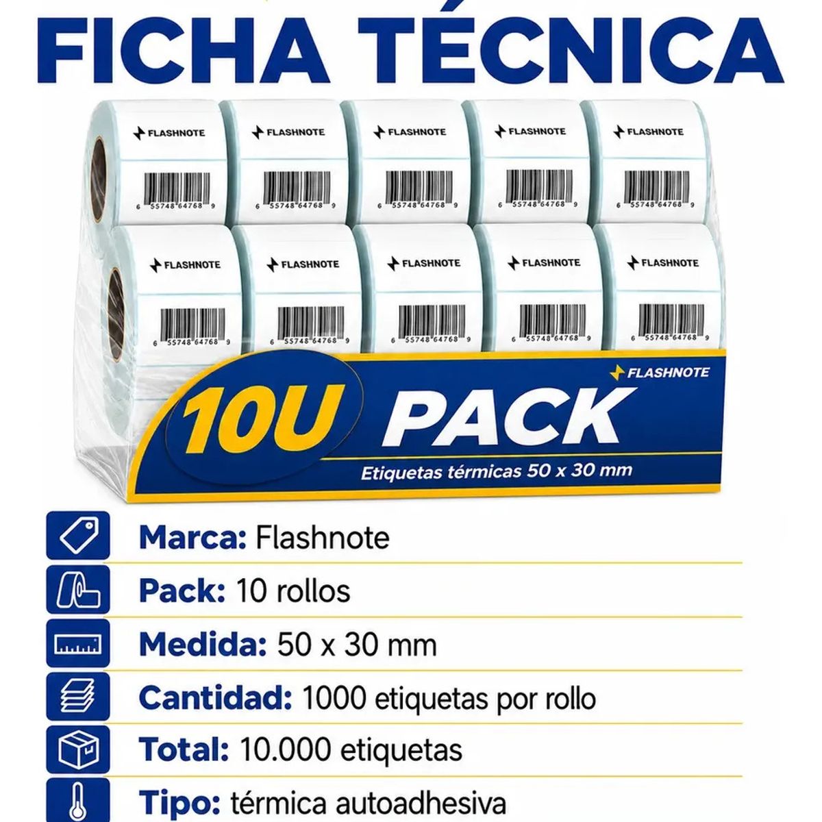FLASHNOTE - Etiquetas Térmicas Autoadhesivas Rollo 50x30mm Flashnote Pack X10 1000 Etiquetas Por Rollo Superfici