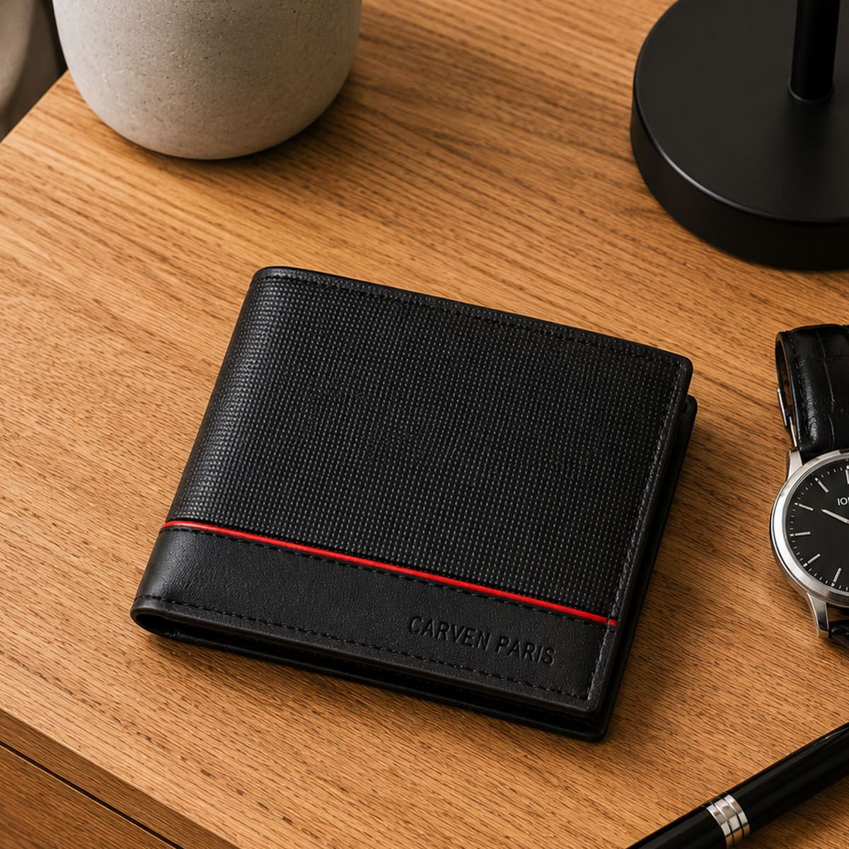 CARVEN - Billetera hombre Gino negra con monedero Carven Paris