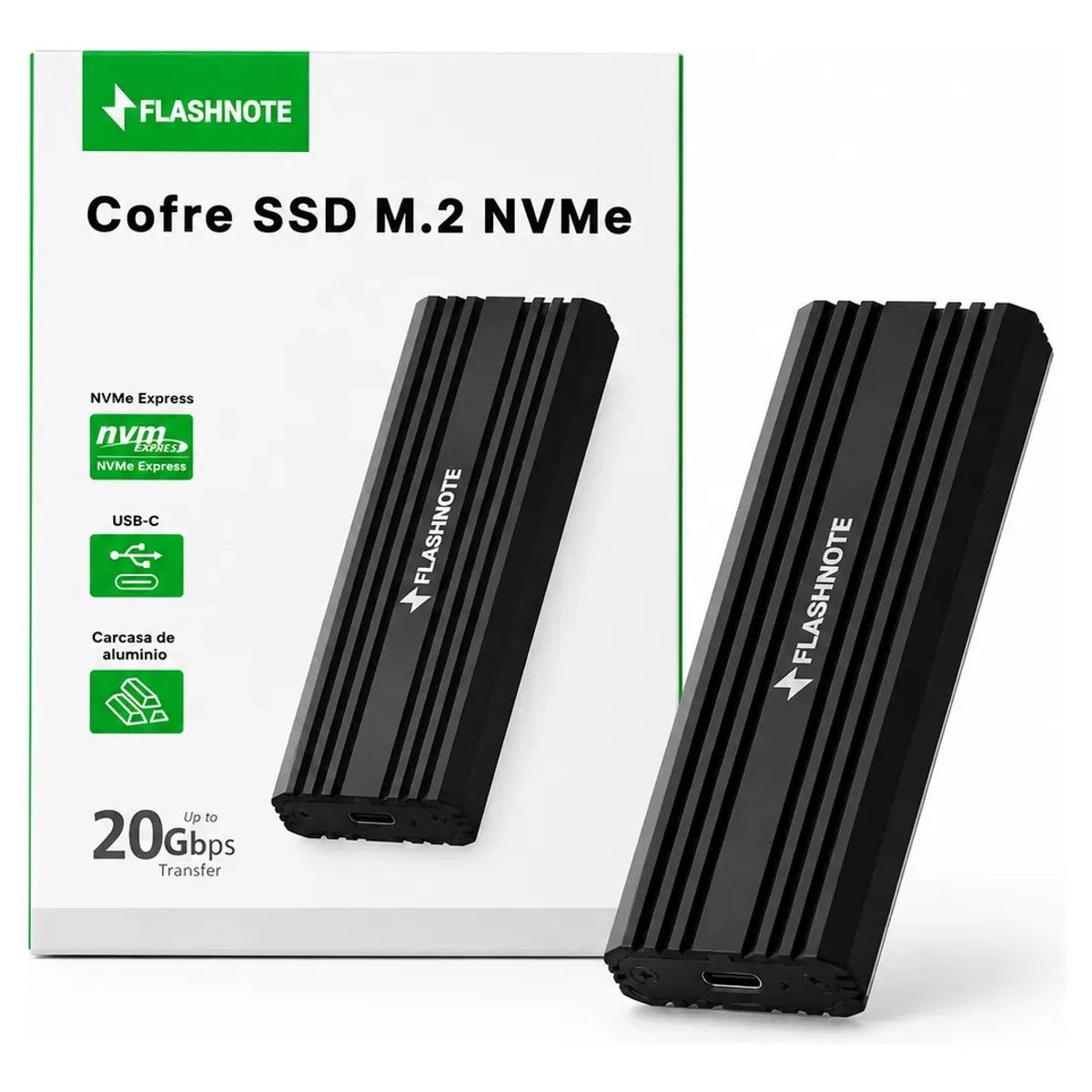 FLASHNOTE - Cofre Case Carcasa Flashnote Ssd M.2 Nvme Pcie Usb-c Usb-a 3.2 Gen2x2 20gbps Aluminio Adaptador Disc