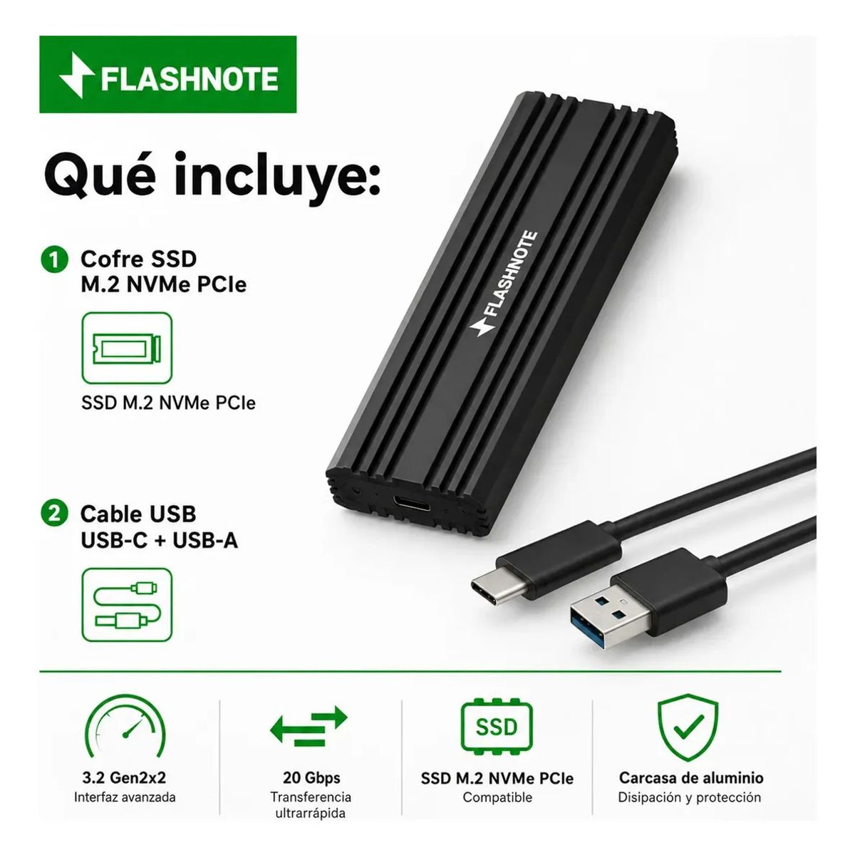 FLASHNOTE - Cofre Case Carcasa Flashnote Ssd M.2 Nvme Pcie Usb-c Usb-a 3.2 Gen2x2 20gbps Aluminio Adaptador Disc