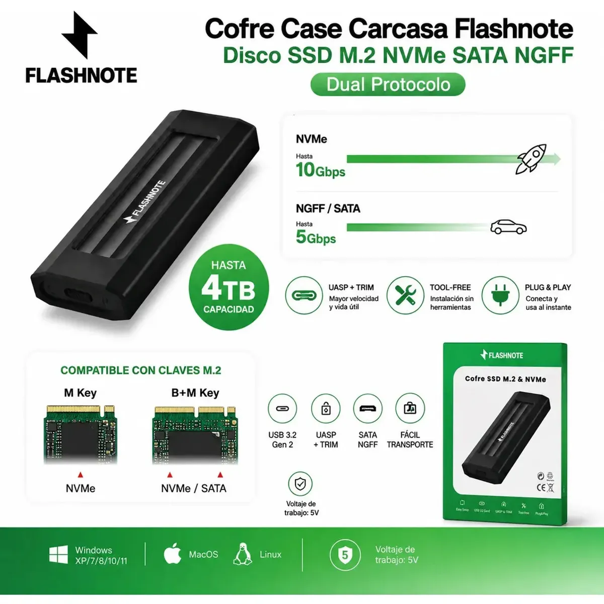 FLASHNOTE - Cofre Case Carcasa Flashnote Disco Ssd M.2 Nvme Sata Ngff Dual Protocolo Usb-c Usb-a 3.1 3.2 Gen2 10