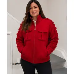 GENERAL - Chaqueta POLERON Mujer Paño con Flecos Cuello Alto Bolsillos Cargo