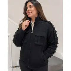 GENERAL - Chaqueta POLERON Mujer Paño con Flecos Cuello Alto Bolsillos Cargo