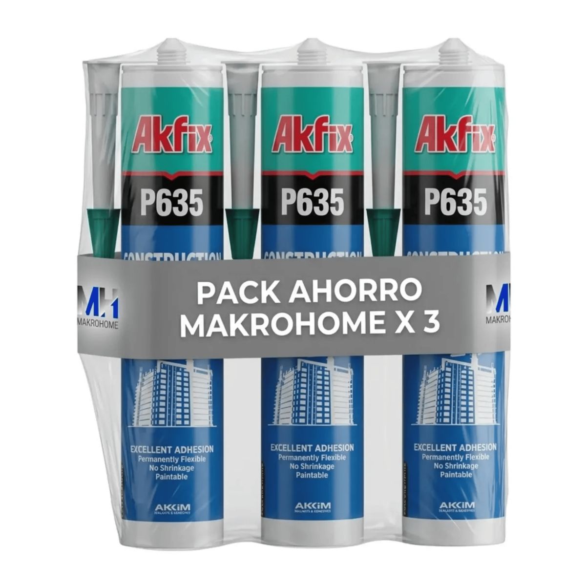 AKFIX - Pack 3 Sellador Poliuretano Gris Akfix P635 310ml Elasticidad