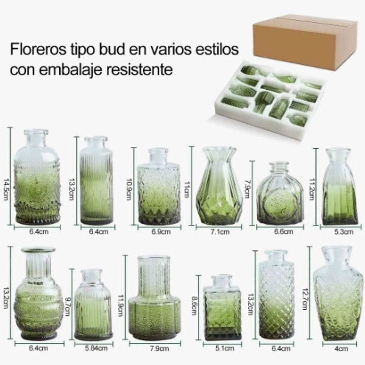GENERICO - Set 12 Floreros De Vidrio Verde