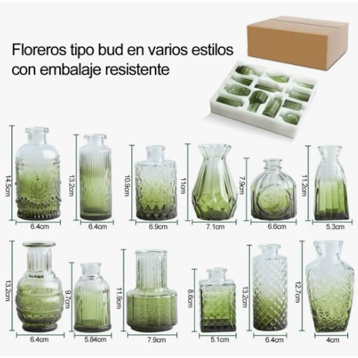 GENERICO - Set 12 Floreros De Vidrio Verde