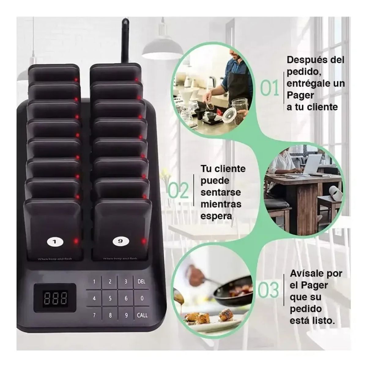 FLASHNOTE - Llamador Inalambrico Restaurant Localizador Flashnote 16 Pagers Base Beeper Cafeteria Food Court Tie