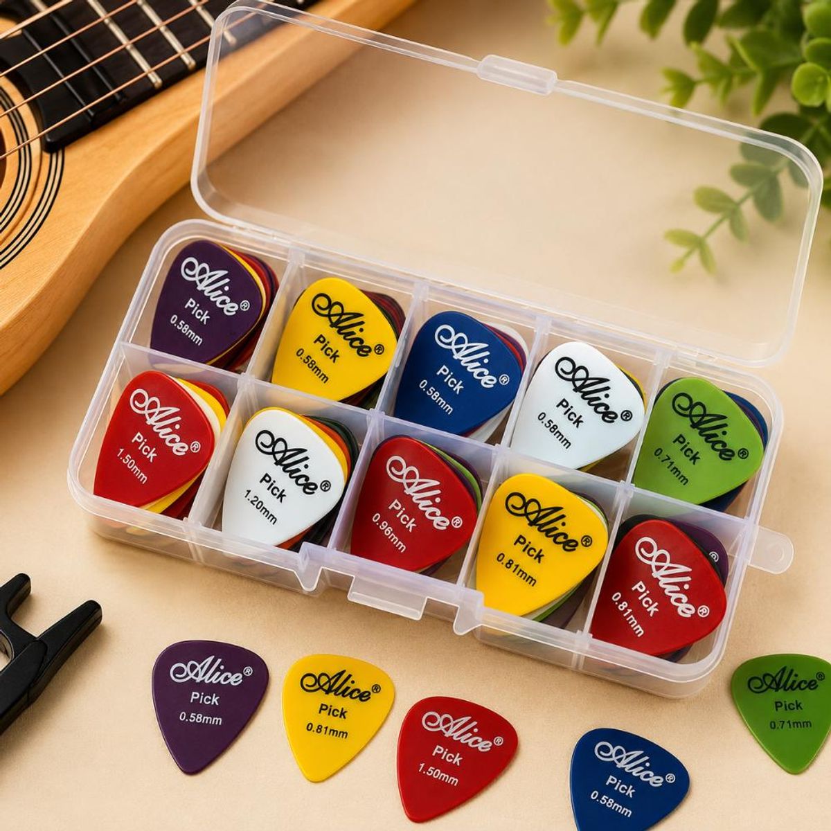 GENERICO - Set 50 Uñetas Guitarra  Multicolor con Organizador  Plástico