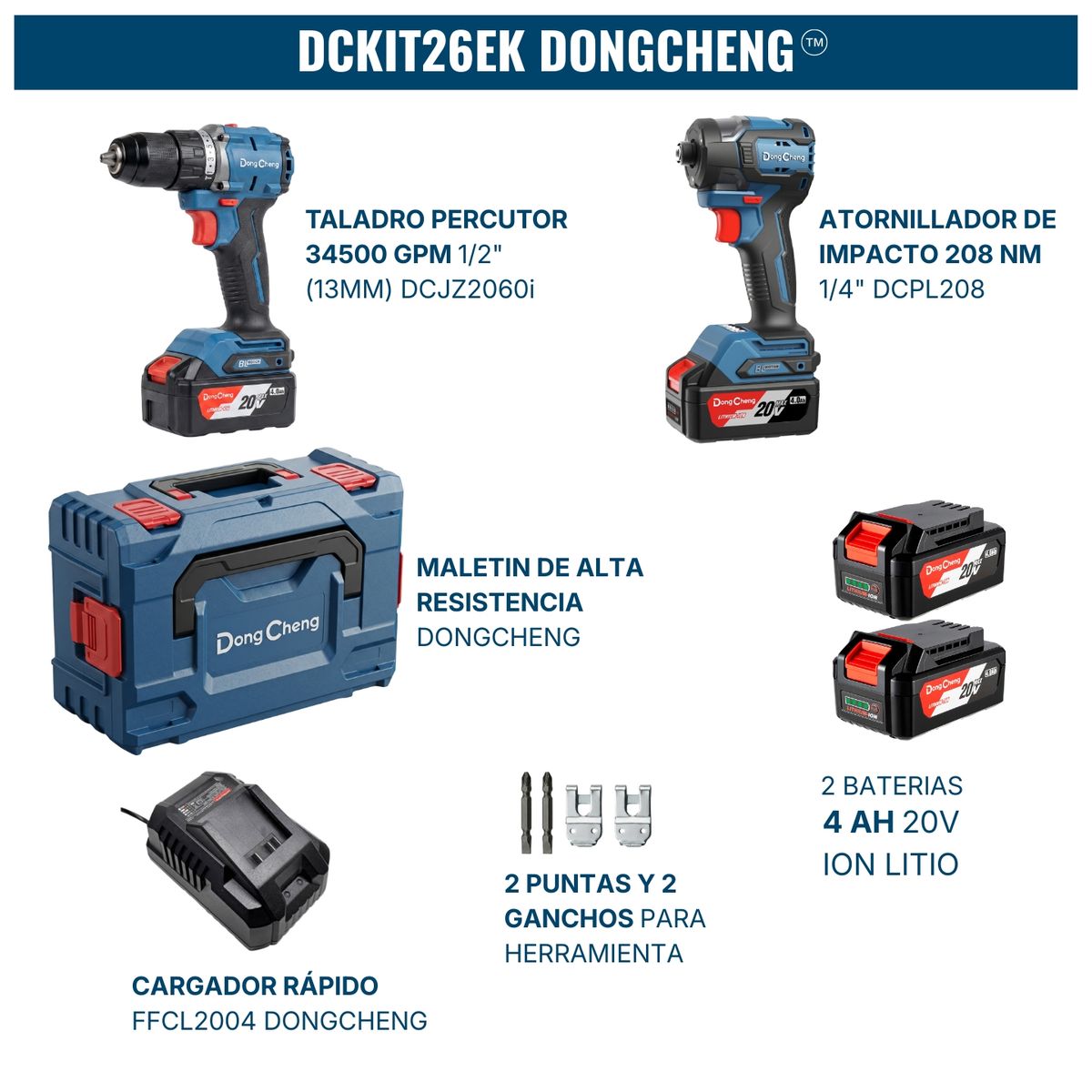 DONGCHENG - Kit Taladro Percutor + Atornillador de Impacto + 2 baterias 4AH Doncheng