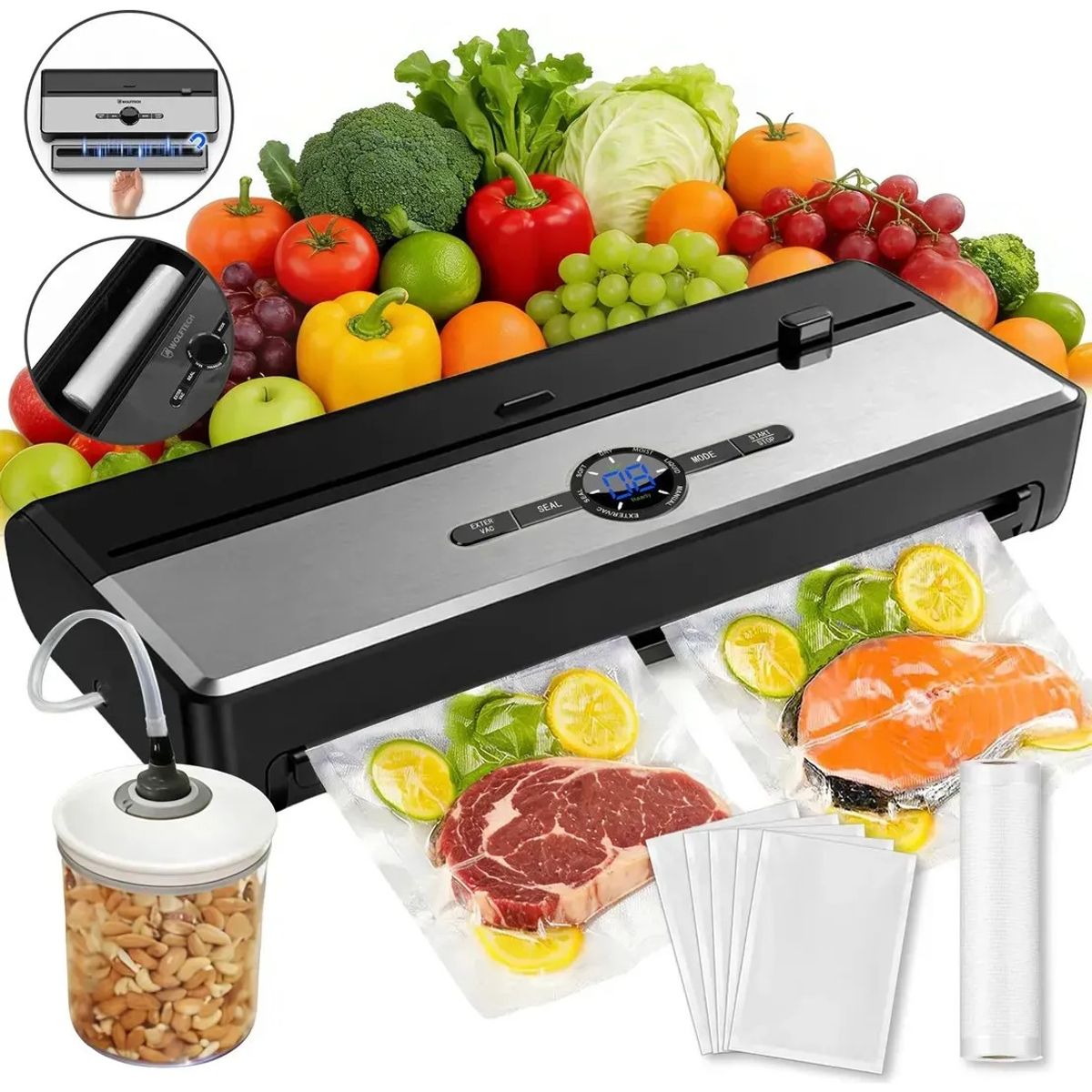 METEX - Set Maquina Selladora Al Vacío Alimentos 7 En 1 Profesional