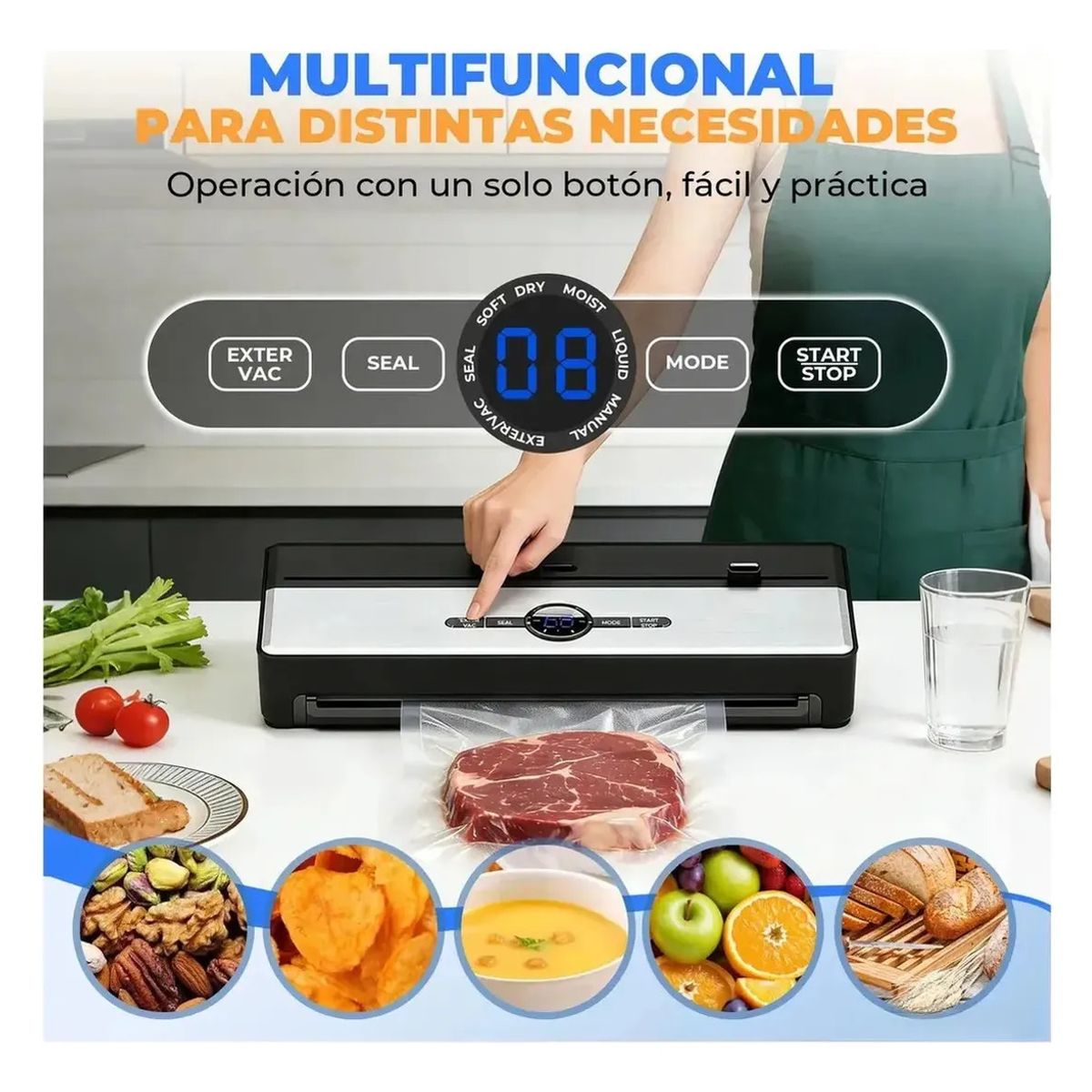 METEX - Set Maquina Selladora Al Vacío Alimentos 7 En 1 Profesional